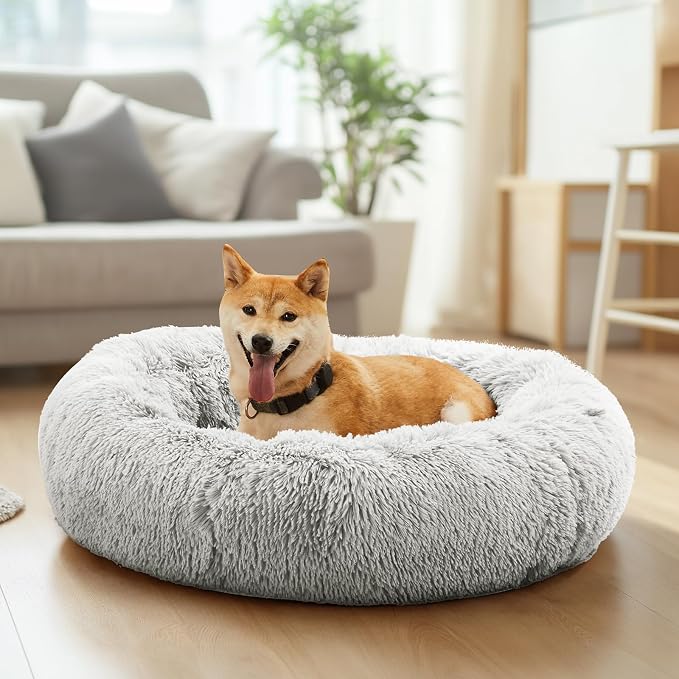 DUMOS 37.4 Inch Donut Dog Bed, Faux Fur Plush, Grey | Machine Washable Cuddler Warming Cozy Fluffy Faux Fur Plush Round Pet Bed, Anti-Slip Bed for Indoor Dogs and Cats