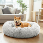 DUMOS 37.4 Inch Donut Dog Bed, Faux Fur Plush, Grey | Machine Washable Cuddler Warming Cozy Fluffy Faux Fur Plush Round Pet Bed, Anti-Slip Bed for Indoor Dogs and Cats