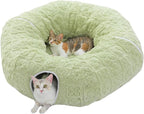 PEQULTI Green Donut Cat Tunnel Bed Washable Plush Mat for Multi Small Pets | Round play tube with soft detachable plush mat, multi-pet toy fit indoor cats, kittens, puppies, rabbits and ferrets