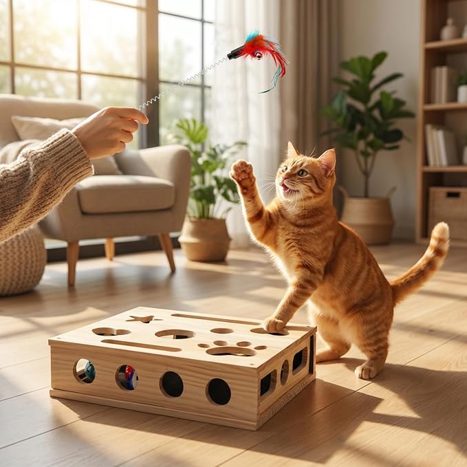 Cat Nail File Box, Wooden Scratch Puzzle Enrichment Box, Textured Nail Filing Surface, Includes Bell Ball and Cat Teasing Stick, for Indoor Cats