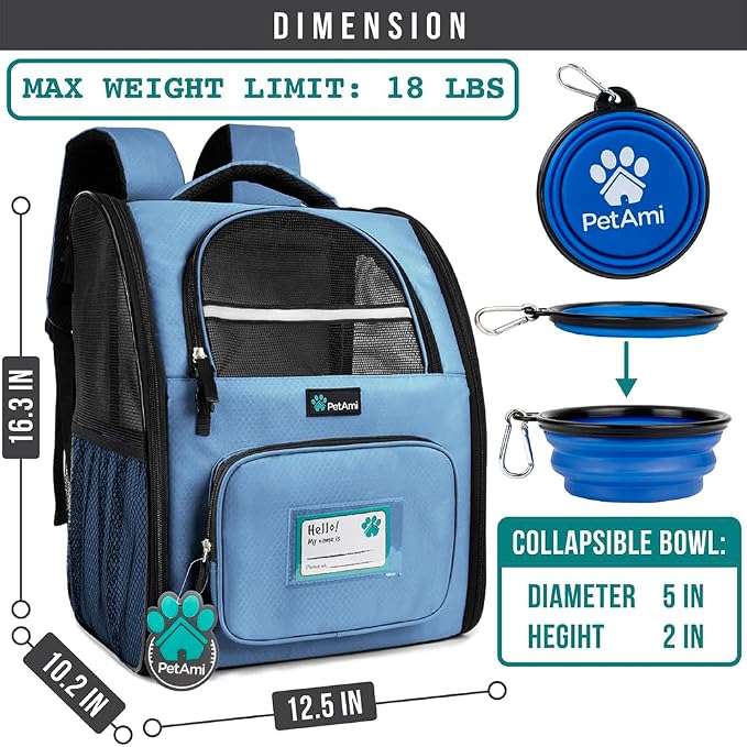 PetAmi Dog Backpack Carrier for Small Medium Dogs Large Cats up to 18 lbs, 2 Side Entry, Structured No-Collapse Frame, Airline Approved Ventilated Pet Backpack for Hiking Camping Travel, Light Blue