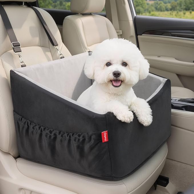 BurgeonNest Small Dog Car Booster Seat Bed Under 25 lbs (Black Grey) | Fully detachable & washable travel bed with side storage pockets and clip-on safety leash for cozy, portable car trips.