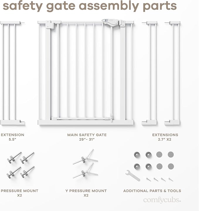 Comfy Cubs Baby Safety Gate with 3 Extensions - Adjustable 42" x 1.9" x 30" Q195 Steel Doorway Barrier - Powder-Coated Finish for Stairs and Doorways - Walk-Through Design Pet Gate - White