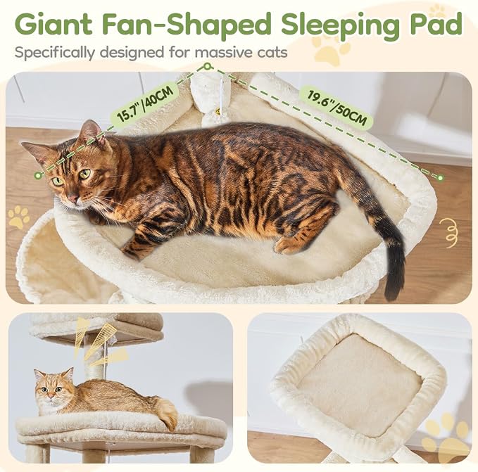 Taoqimiao Cat Tree for Large Cats, 72In Tall Cat Tower, Giant Platform | Widened Cat Condo with Large Scratch Board, 5 Scratching Posts, Metal Frame Hammcock, Cozy Basket, Beige, MS045M