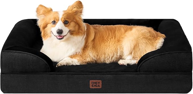 EHEYCIGA Orthopedic Dog Beds for Large Dogs, Waterproof Memory Foam Large Pet Bed with Sides, Non-Slip Bottom and Egg-Crate Foam Dog Couch Bed with Washable Removable Cover, Black