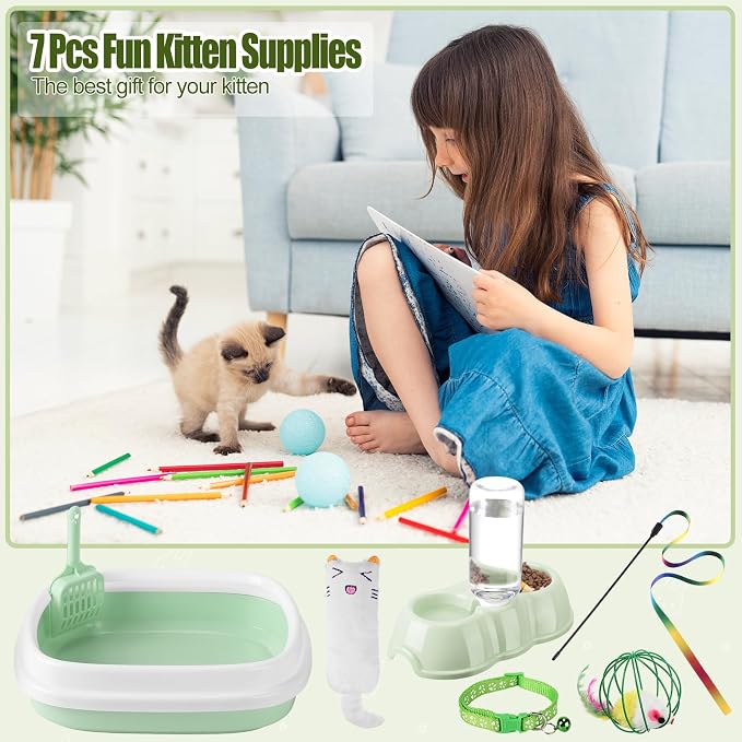 7 Pcs Small Cat Kitten Starter Kit Cat Litter Box with Shovel Paw Litter Mat Double Automatic Kitten Bowls Toy Teaser Stick Collar Essentials Kits for 1-3 Lbs Beginner(Stylish,Fresh Green)