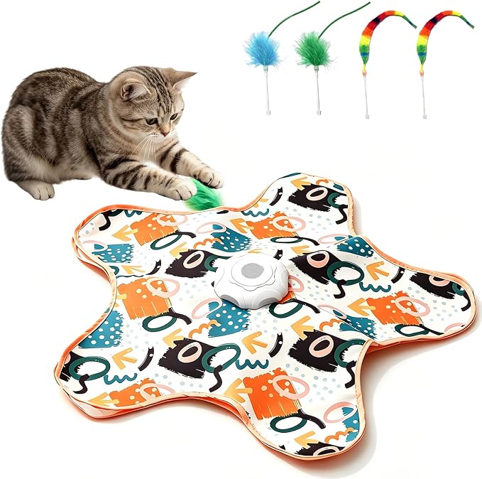Interactive Cat Toy for Indoor Cats,Rechargeable Touch Activated Hide and Seek Cat Toys with Bird Squeaky, 2000 mAh Battery, Cats Feather Toy with 4 Cat Wands Colorful，for All Breeds