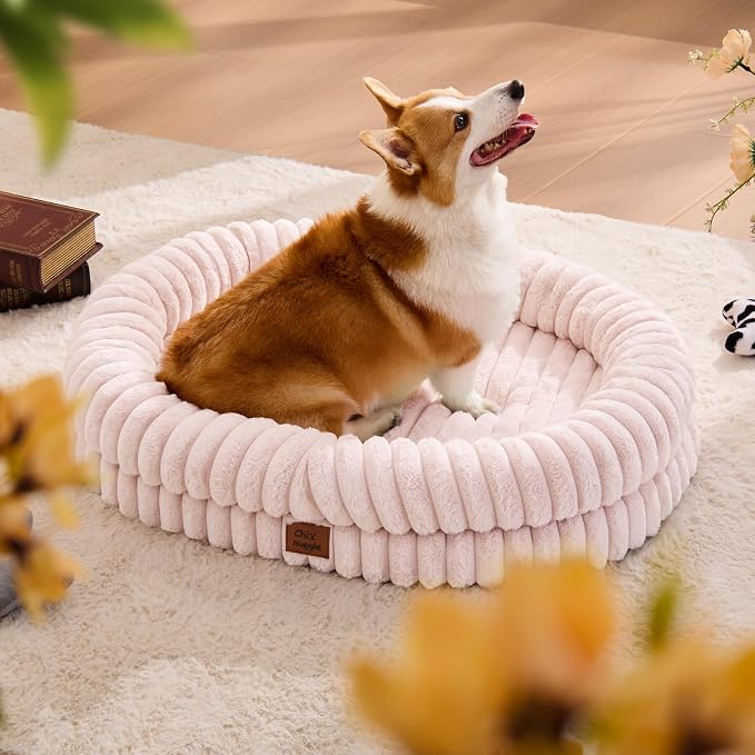 ChiXnuggle Orthopedic Dog Bed, Washable Cover, Faux Fur Bolster Pet Couch | waterproof,egg crate foam,non-slip bottom,for large dogs,pink,35*28*7,dog sofa