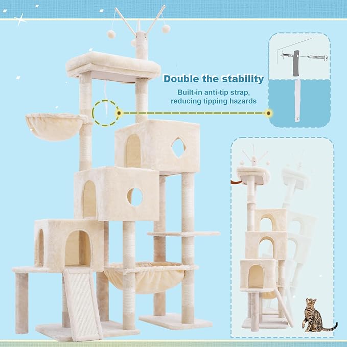 Hey-brother Cat Tree Tower with 3 Condos, Step Climbing Pathway MPJ081M | 74.8 Inches Scratching Post with 3 House, Hammock, Large Basket, Cozy Bed, Sisal Board, Toys for Big Indoor Cats, Beige