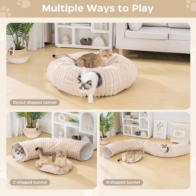 Avont Cat Tunnel Bed for Indoor Cats, Latte | Cat Donut Tunnel Toys | Folds Into a Cozy Bed | 3 Shapes: Donut, C, S | 9.8in Large Cats | 2 Peek Holes & 2 Toy Balls