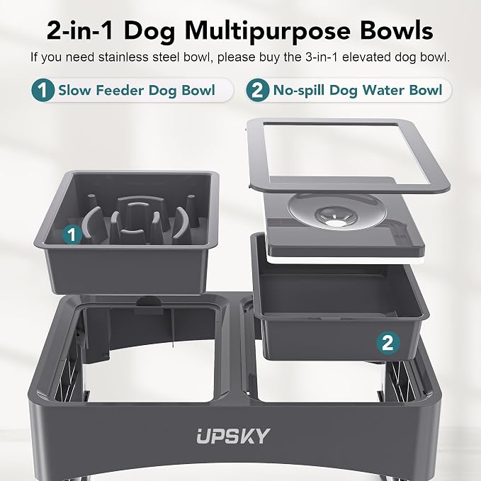 UPSKY 2-in-1 Elevated Dog Bowls Slow Feeder, 4 Height Adjustable Raised Bowl Stand, No Spill Dog Water Bowls, Anti-Slip Food and Water Bowls for Small Medium Dogs(Not Include Stainless Steel Bowl)