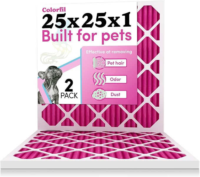 25x25x1 Air Filter by Colorfil | Color Changing Filters for Cat and Dog Odor | MERV 8 Furnace AC Filter for Pet Hair and Dust | 24.5"x24.5"x0.75" Exact Size | Pack of 2
