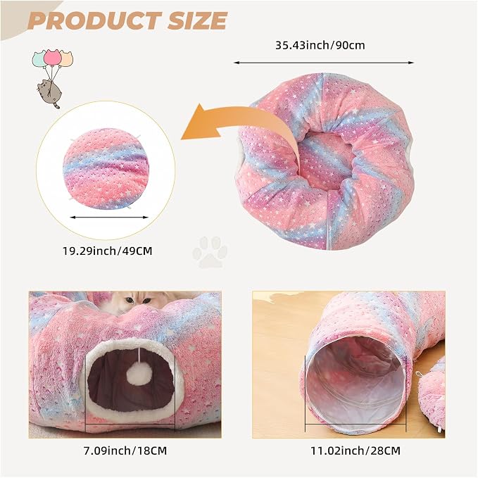 Under Christmas Tree Large Cat Tunnels Bed Tube for Indoor Cats Glows in The Dark Cat Tunnel with Cushion and Plush Ball Toy Longer Playground Toys for Dog Puppy Kitten Rabbit Pet Rainbow