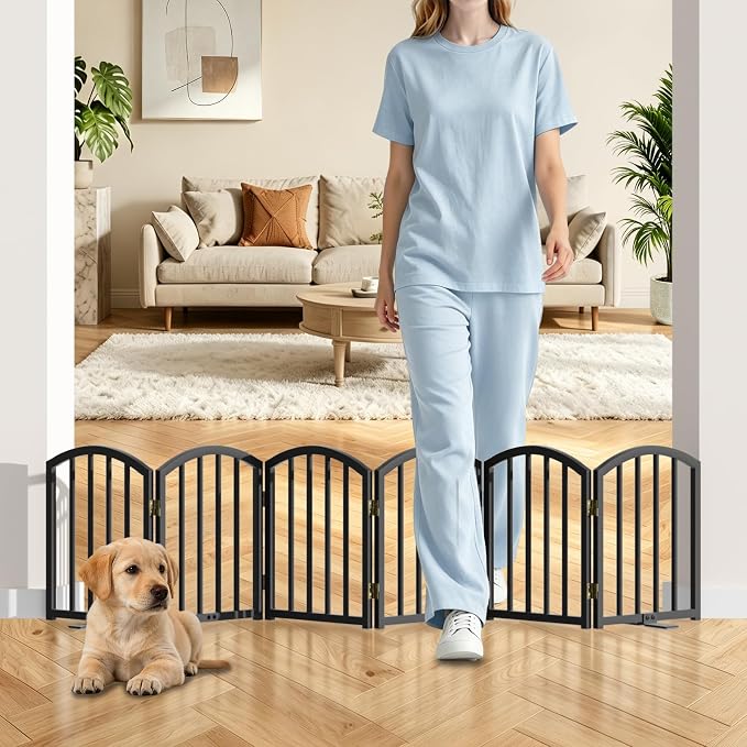 SNUOWU 16 Inch Full Metal Freestanding Short Dog Gate for Small Dogs, Foldable 6-Panel Pet Barrier, Expands Up to 72" Wide, Indoor Safety Fence for Doorway, Home & Stairs, Black