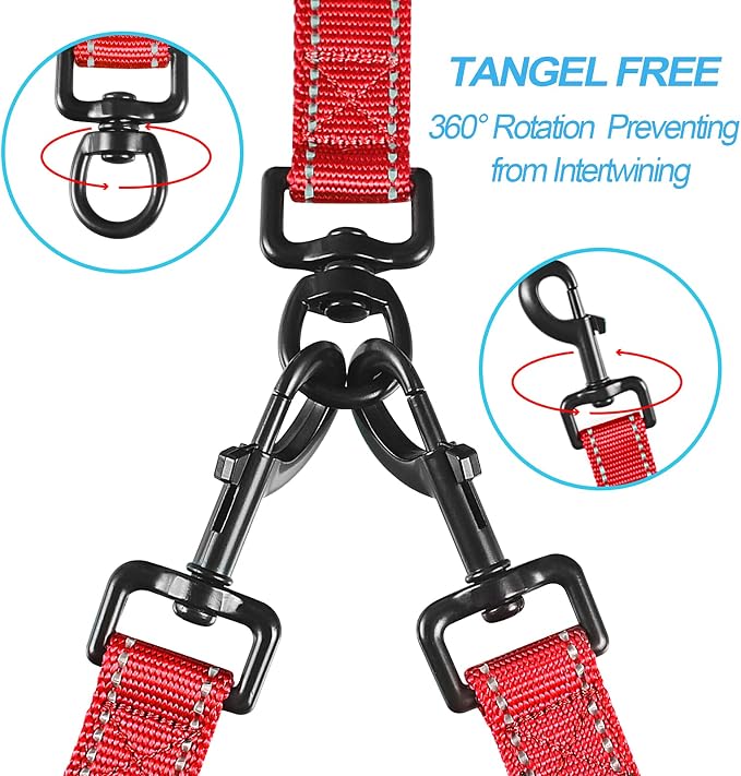 PetBonus Double Dog Leash, No Tangle Dual Leash, Walking Training Lead | 4 Comfortable Padded Handles, Adjustable, Reflective, For Two Large Medium Dogs, Collapsible Bowl and Waste Bags, Red