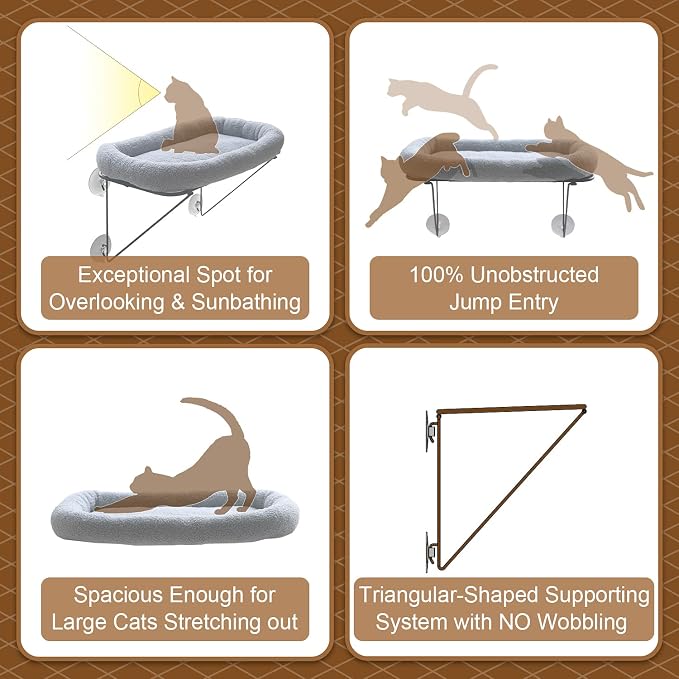 Zakkart Cat Window Perch - 100% Metal Supported from Below - Comes with Warm Spacious Pet Bed - Cat Window Hammock for Large Cats & Kittens - for Sunbathing, Napping & Overlooking (Grey)