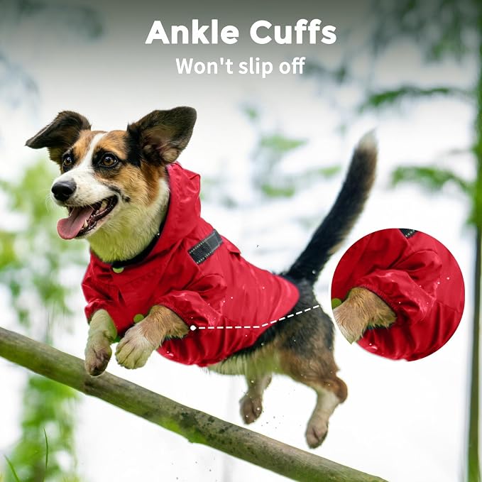 JoyDaog Dog Raincoat with Hood, Waterproof Dog Rain Jacket for Medium Dogs | Waterproof dog rain jacket with hood and pockets for rainy walks, outdoor activities and everyday protection,Red M