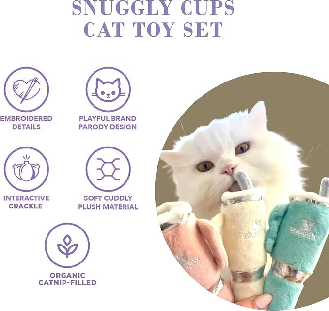 Haute Diggity Kitty Snuggly Cups Set, Soft Plush Cat Toys | 3 Pack Catnip Toys with Interactive Crackle Sound, Safe & Durable Cat Nip Kicker Toy for Outdoor & Indoor Cats & Kitten