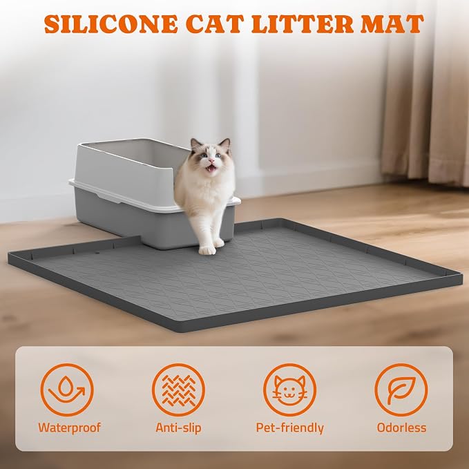 Pawtners Silicone Cat Litter Mat 34 x 22 in, Easy to Clean, Gray, 1 Pack | Non-Slip Kitty Litter Mat for Floor, Waterproof & Urine-Proof Cat Litter Mat Litter Trapping Mat, Soft on Kitty Paws