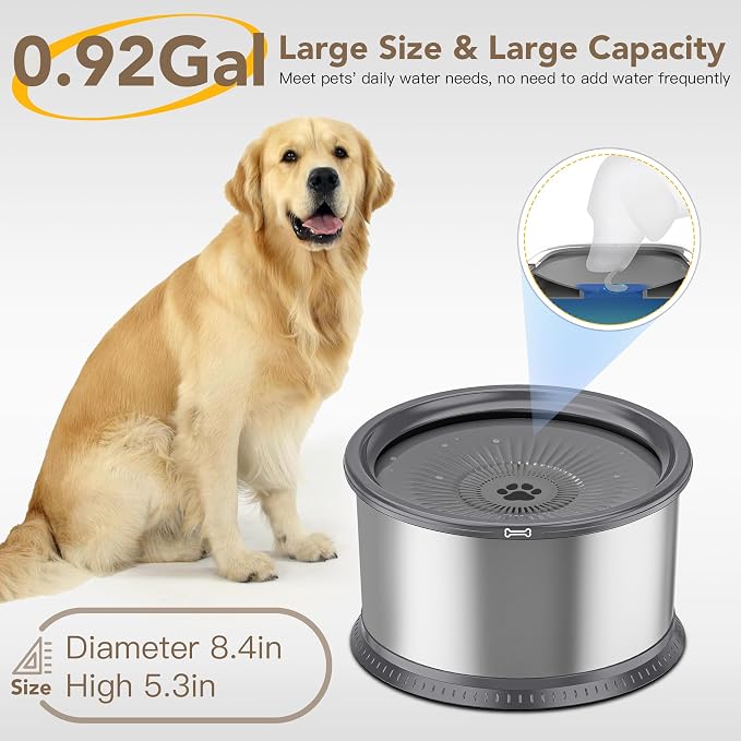 3.5L/118oz Dog Water Bowl, No Spill Stainless Steel Slow Water Bowl for Medium Large Dogs, Large Capacity Splash Proof Dog Slow Water Feeder with Anti-Slip Mat for Mess Drinkers
