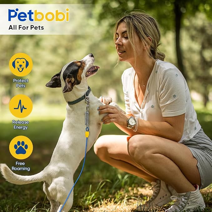 Petbobi Dog Tie Out Cable and Stake, 10ft Heavy Duty Dog Leads for Yard | 4in Shock Spring, 16in Spiral Ground Anchor, 360° No-Tangle Swivel, Chew-Proof Rustproof Wire, Up to 120 lbs, Outdoor Camping