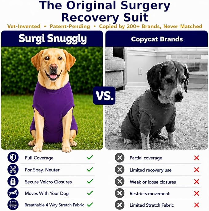 SurgiSnuggly Veterinary Invented Dog Surgical Recovery Suit for Female Spay or Male Dogs Neuters,Cone Alternative, Original Dog Onesie Bodysuit for After Surgery Small, Medium, Large Dogs XLS EC