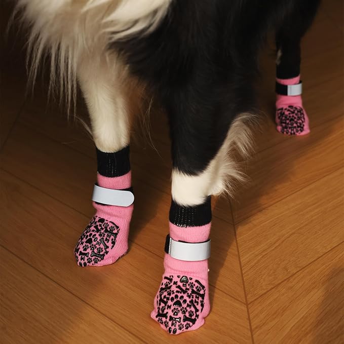 Dog Socks to Prevent Licking Paws, Anti Slip Dog Boots & Paw Protectors for Hardwood Floors, Toe Grips for Small Medium Large Senior Dogs, Dog Shoes for Hot/Cold Pavement(Pink Bone,S)