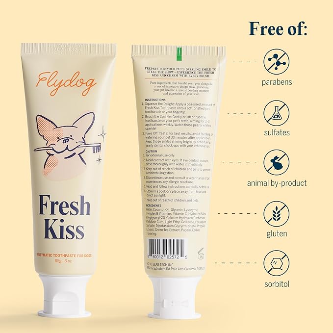 Flydog Fresh Kiss Dog Tooth Brushing Kit, Enzymatic Dog Toothbrush and Toothpaste- Vet Approved Formula, Breath Freshener & Tartar Remover, 360° Toothbrush for All Round Cleaning (Coconut Oil)