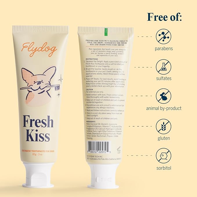 Flydog Fresh Kiss Dog Tooth Brushing Kit, Enzymatic Dog Toothbrush and Toothpaste- Vet Approved Formula, Breath Freshener & Tartar Remover, 360° Toothbrush for All Round Cleaning (Chicken)