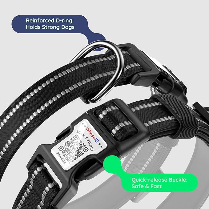 Airtag Dog Collar, Reflective Ultra-Durable Nylon Padded with QR Code Buckle & IP68 Waterproof Air Tag Holder Compatible for Apple AirTag, Comfortable for Small Medium Large Dogs(Black,S)