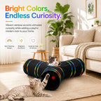 Cat Tunnels Tube Toy with Plush Ball & Cat Wand Feather Toys-Portable Tattaff Waterproof Washable-Interesting Geometric Pattern Collapsible-3 Way Black Rainbow