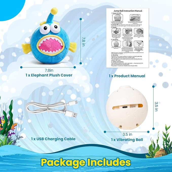 Interactive Moving Dog Toy, Automatic Bouncing Dog Toy with Rouncing Ball, Squeaky Plush Electronic Dog Toy for Small Medium Large Dogs, Vibrating Music Recording Mode to Keep Them Busy (Lanternfish)