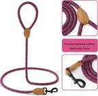 Mile High Life Dog Leash with Genuine Leather Connection, 6 FT/5 FT/4 FT | Rope Leash, Heavy Duty 360° Swivel Metal Clasp, for Small Medium & Large Dogs (Rose Red, 60 Inch)