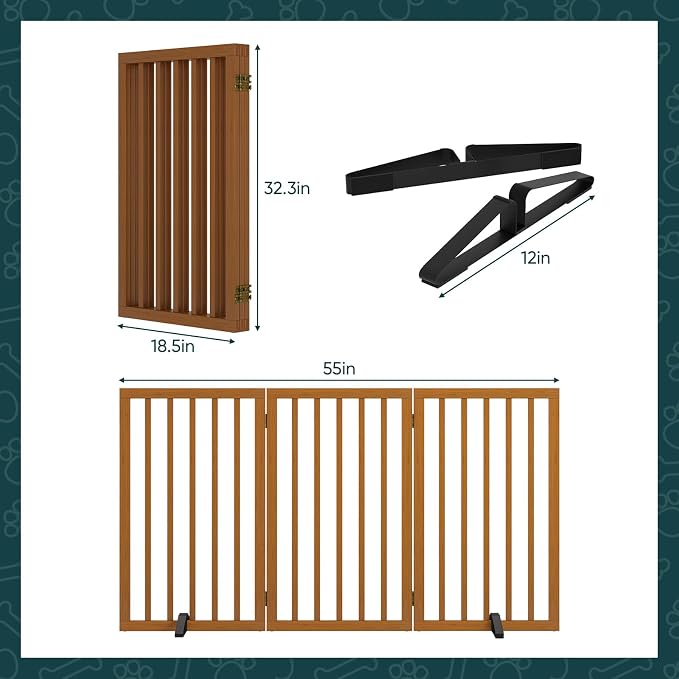 Semiocthome Freestanding Dog Gate 32" Tall, 3-Panel Foldable Dog Gates for Doorways Stairs House, Pet Gate Indoor with 2 Metal Stands, Walnut