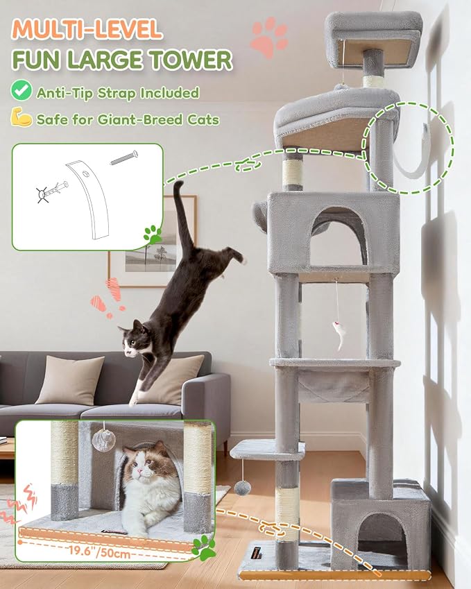 Taoqimiao 79in Cat Tree, Tall Large Cat Tower for Indoor Adult Cats S10W | Easy assembly, Sturdy, Multi Level, Easy Clean, Cozy Condo, Perches, Baskets, Suitable for Kittens and Adult Cats