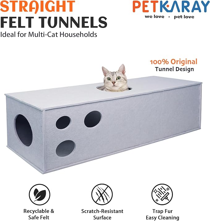 PETKARAY Cat Tunnel, Original Cat Hideaway Cave for Indoor Cats, Large Kitten Play Tubes and Tunnels, Soft Felt Cat Toy with Interactive Peek Hole， Grey Straight