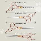 7.5‘’ Professional Dog Grooming Scissors Set 440C Stainless Steel Straight Thinning Curved Chunker Shears 4PCS Set for Pet Grooming Services Dogs and Cats (Rose Gold, Set)