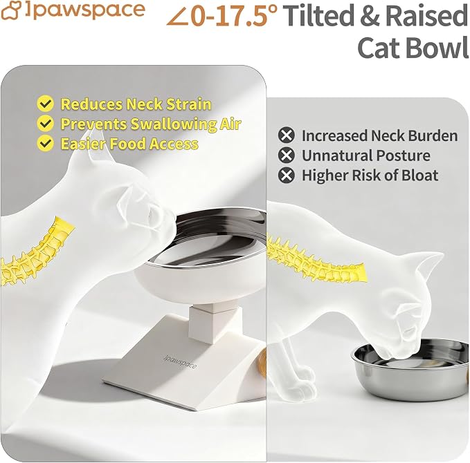Raised Cat Bowl,Elevated Cat Bowl Stand with 3-Level Height,White | 5.6''/6.2''/6.8'' Height Elevated,0-17.5° tilt Neck-Friendly,25 OZ Large Capacity,304 Stainless Steel,Cats and Puppy