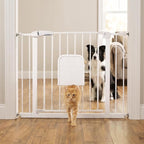 31-46“ Metal Pet Gate with Cat Door, Auto Close,White | Pressure Mounted,Two-way swing door,Pressure mounted no drill setup,adjustable 31-46in width for indoor doorways & stairs