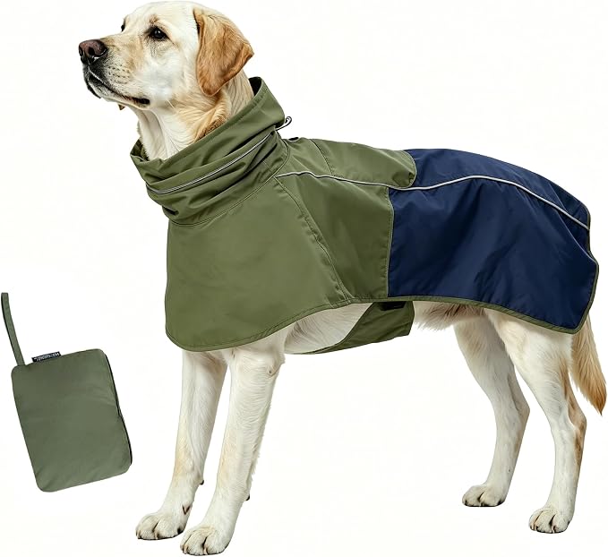 MAMORE Dog Raincoat with High Collar - Waterproof Adjustable Dog Rain Jacket, Lightweight Reflective Pet Rain Coat for Small Medium Large Dogs for Outdoor Walking Hiking (Green&Navy, Medium)
