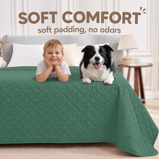 PAWFINITY Waterproof Bed Cover for Dogs, Pet Blanket for Mattress Washable | Paw Print Quilted, Hair Resistant, Anti Cat Scratch, Pee Proof Furniture Protector for Cal King Bed, 82x102 Inch, Green