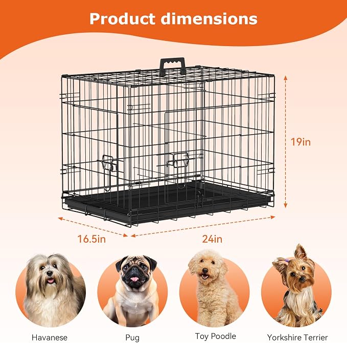 FDW 24-Inch Dog Crate for Small Dogs, Double Door Folding Metal Wire Pet Kennel with Divider Panel & Leak-Proof Plastic Tray, Black