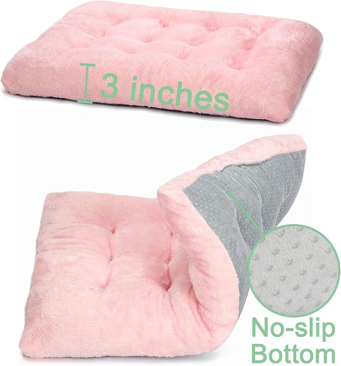 POMIU 2-Pack Washable Dog Bed, Deluxe Plush Crate Beds with Anti-Slip, Machine Washable Kennel Pad Sleeping Mat for Large, Medium and Small Dogs (2 Pack x Pink, 23.0" L x 18.0" W x 3.0" Th)