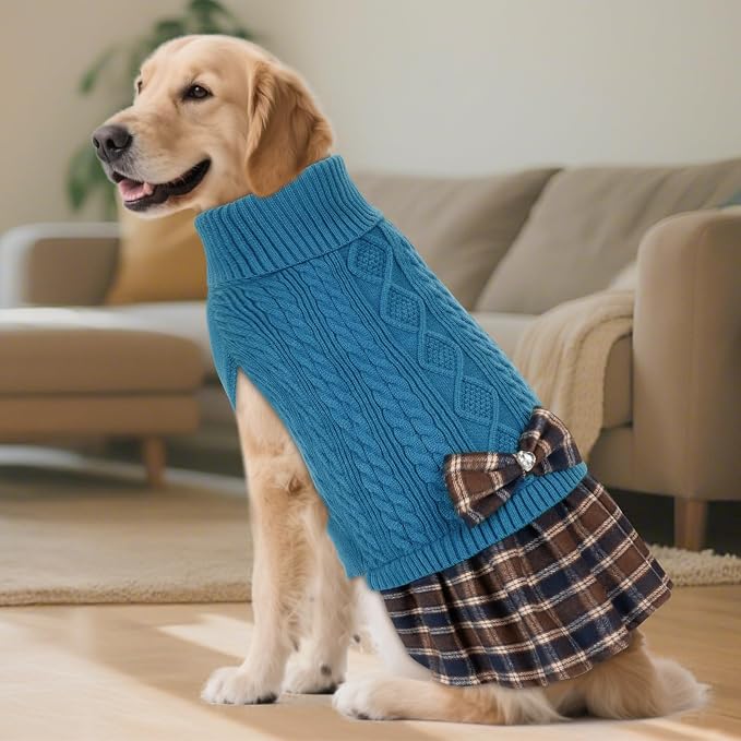 KYEESE Dog Sweater Dress Turtleneck Thick Knit Pullover for Cold Weather | Stretchy Fit, Lightweight & Warm, Cozy Knit Comfort, Cute Bow Accent, Gentle on Sensitive Skin, Comfortable Daily Wear