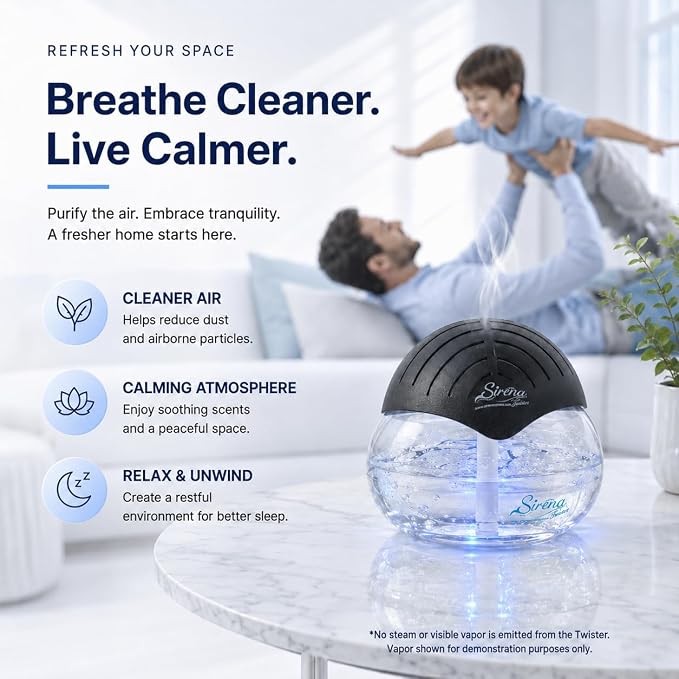 Sirena Twister Air Purifier (Black) - Water Filter Air Washer For Home and Office - Essential Oil Aroma Diffuser With LED Night light - Small Air Cleaner For Smoke and Pets