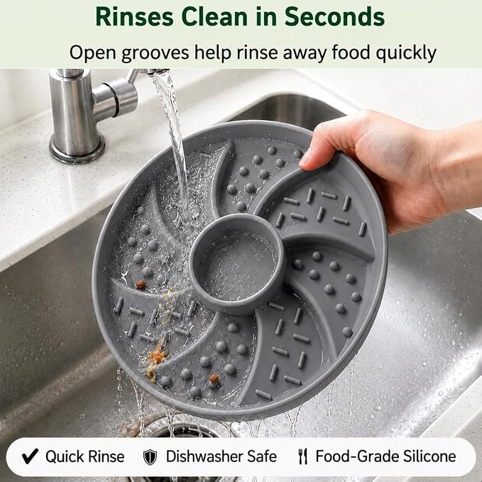 Slow Feeder Dog Bowl Silicone Suction Cup Anti Spill Dogs Cats Grey | strong suction base prevents sliding, extends mealtime, reduces anxiety, textured surface, dishwasher safe