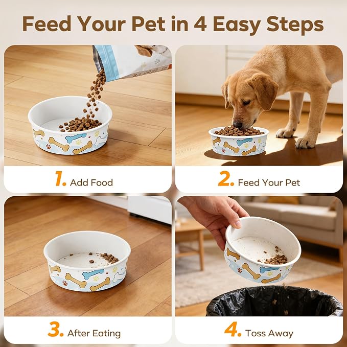 40 Pack Disposable Dog Bowls, 16 oz Paper Pet Bowls for Cats & Dogs | Disposable Bone Print Cat Food Bowls, Dry Wet Food & Wate, Small Medium Pets, Travel and Daily Feeding Bowls, Thick & Sturdy