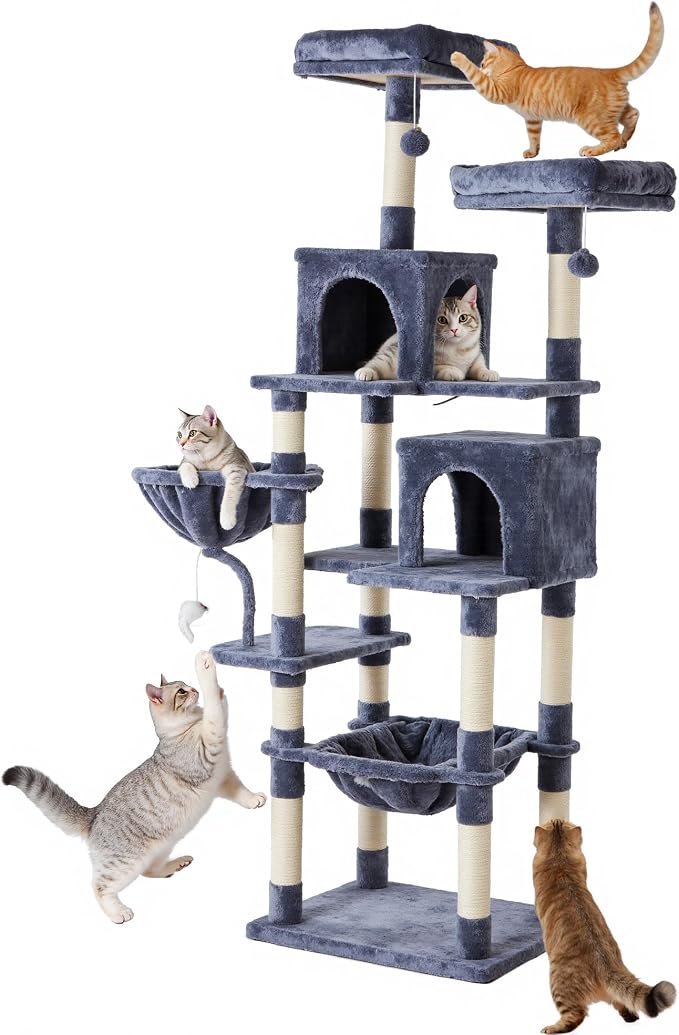 DUMOS Tall 71 inch Cat Tree Tower with Scratching Posts, Dark Grey | Large Multi Level Cat Climbing Tower with Condo, Platform, Hammock, Basket, Pet Tree House for Indoor Cats Play