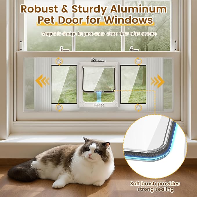 Adjustable Cat Door for Window, 23"-28" Quick Install | 4 Locking Modes Keeps Pets in/Out, Window Insert Design, Magnetic Closure, Weatherproof Aluminum Frame, Durable & Safe