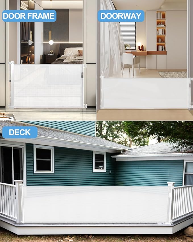Retractable Baby Gate for Stairs – 33” Height, Expands up to 118” Width – Safety Gate for Infants, Toddlers, Dogs & Pets – Easy Install, Secure Closure, White Mesh Design for Indoor & Outdoor Use